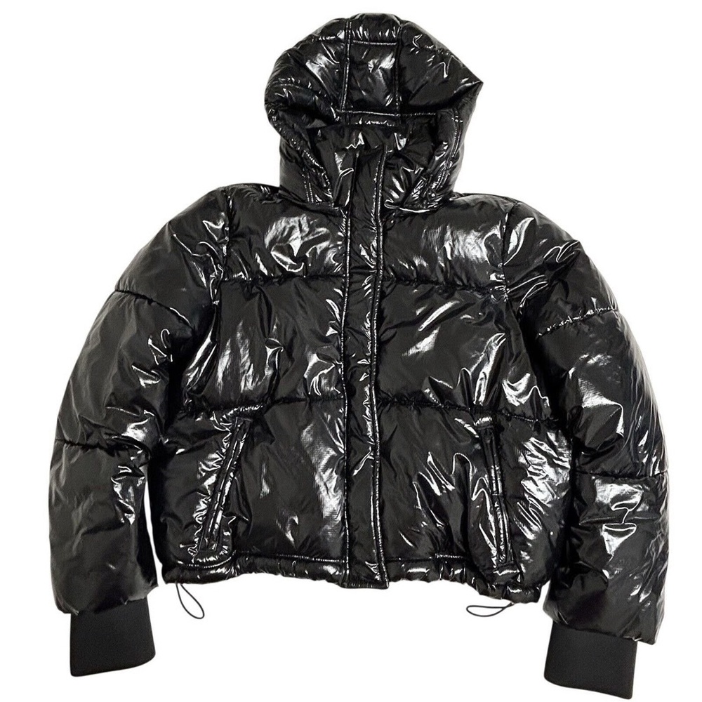 GAP fit cropped jacket black Hooded Puffer Coat Button Zip Front Womens Size M